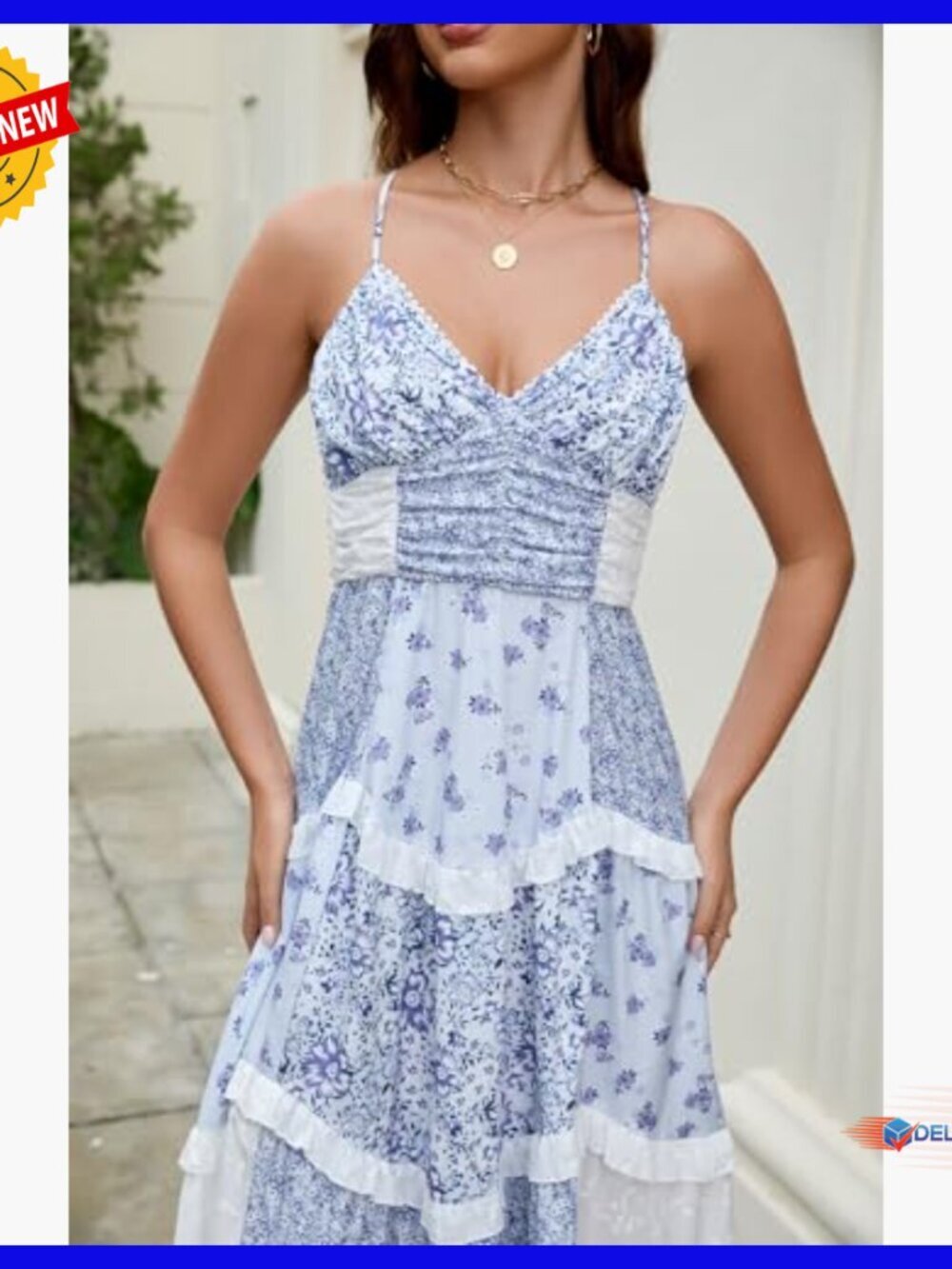 Floral Patchwork Maxi Dress V Neck Sleeveless Cross Back Tiered Sundress - Picture 5 of 7